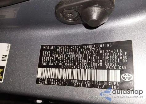 2020 Toyota Corolla Le from USA, damaged, VIN 5YFEPRAE4LP112343